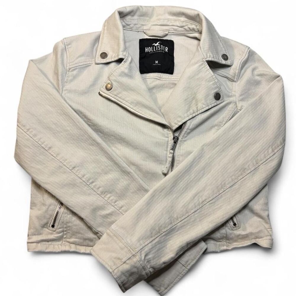 Hollister Cream Off-White Twill Cotton Cropped Moto Biker Jacket M